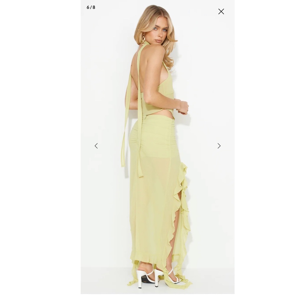 Lioness Lime Chiffon Maxi Skirt with Asymmetrical Hem, Ruching, and Ruffles - Picture 9 of 9